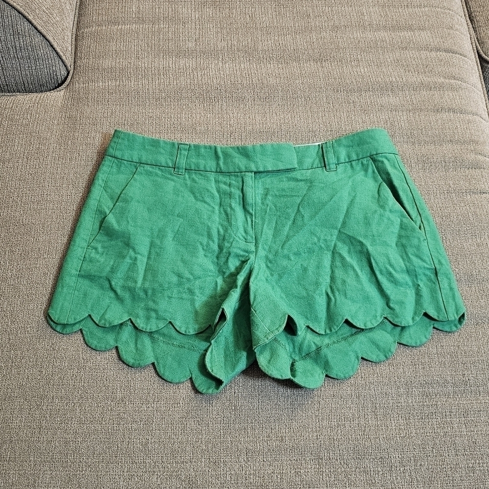 J. Crew Linen Cotton Scalloped Vintage Kelly Green Boho Spring Shorts Size 6